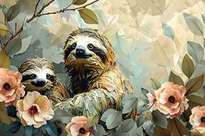 Wadi Home sloth family in floral garden wall art, featuring two sloths nestled amongst peach and cream flowers and green foliage.