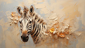 Wadi Home textured zebra portrait wall art with impasto texture, featuring a close-up of a zebra's face in cream, beige, orange, black, and white.