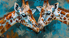 Wadi Home Giraffe Embrace canvas wall art featuring two giraffes with teal and rust textured background.