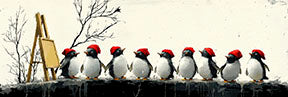 Wadi Home canvas print of penguins in Santa hats standing in a row with an easel. Whimsical holiday art.
