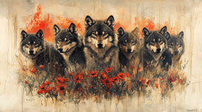 Wadi Home wolf pack canvas print with red poppies, painterly style, warm earthy tones.
