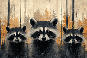 Wadi Home: Three raccoons in a forest, textured painterly style, warm earthy tones, whimsical wall art.