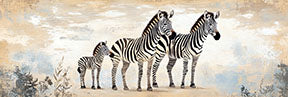 Wadi Home canvas print of three zebras, two adults and a foal, in a savannah landscape with abstract textured background.