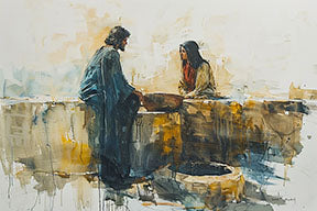 Wadi Home Jesus and the Samaritan Woman at the Well watercolor painting. Expressive art with warm earthy tones, blues, and yellows.