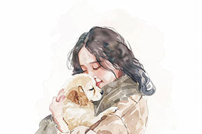 Wadi Home watercolor print of a young woman hugging a golden retriever puppy, soft colors, warm embrace.