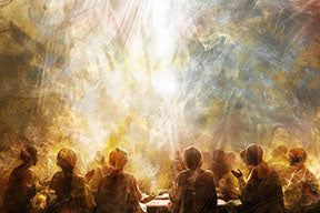 Wadi Home abstract wall art depicting figures gathered under dramatic light, with warm golden and cool blue hues.