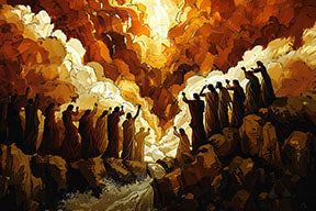Wadi Home abstract art canvas print of silhouetted figures in dramatic warm light, fiery oranges, yellows, and browns.