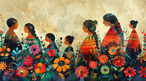 Wadi Home vibrant floral figures wall art with colorful flowers and textured background.
