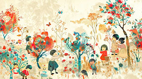 Wadi Home framed wall art print of children playing in a whimsical garden with colorful trees and flowers.