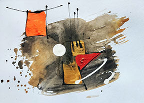 Wadi Home abstract geometric wall art with orange, red, gold, and brown hues, featuring bold shapes and expressive brushstrokes.
