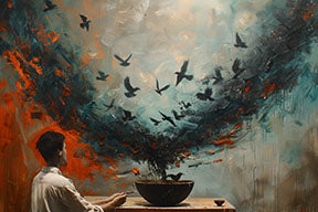 Wadi Home abstract wall art depicting a figure releasing birds into a sky of oranges, blues, and earthy tones.
