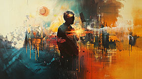 Wadi Home abstract cityscape painting with a lone figure in silhouette, vibrant orange, yellow, and teal hues, textured brushstrokes.