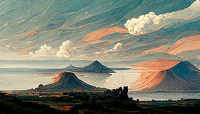 Wadi Home Majestic Mountain Landscape Wall Art featuring rolling hills, tranquil waters, and peaks at sunset with vibrant colors.