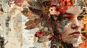 Wadi Home abstract portrait wall art with floral accents in warm tones and earthy hues, mixed-media aesthetic.