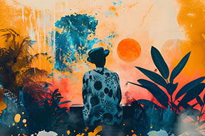 Wadi Home tropical sunset wall art with silhouetted figure, lush foliage, vibrant oranges, blues, and greens.
