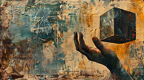 Wadi Home abstract wall art: hand holding cube with ochre, teal, brown textured background.