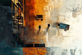 Wadi Home abstract wall art with orange, blue, and neutral tones depicting city figures and textured brushstrokes.