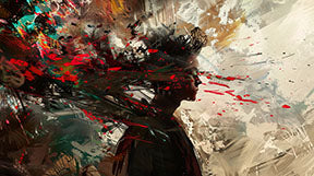 Wadi Home Abstract Expressionist Portrait Wall Art with red, green, and black paint splatters on a neutral background.