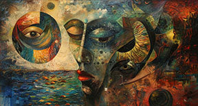 Wadi Home abstract wall art with face and eye motifs in blues, greens, oranges, and reds.