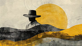 Wadi Home abstract landscape wall art with figure in hat, textured yellow sun, ochre and charcoal hills.