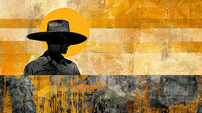 Wadi Home abstract cowboy silhouette wall art with yellow, grey, and black tones. Modern Western art.
