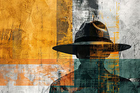 Wadi Home abstract man with hat wall art, featuring a silhouette in warm yellows, teals, and grays.