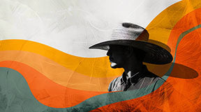 Wadi Home abstract portrait of a figure in profile wearing a wide-brimmed hat, with monochrome tones and abstract orange and yellow waves.