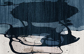 Wadi Home abstract ink wash landscape wall art in deep blues and earthy tones, modern minimalist elegance.