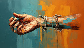 Wadi Home abstract art print of a chained hand in orange and teal, with dripping paint effect.