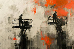 Wadi Home Industrial Abstract Figures Canvas Art with orange accents and silhouetted workers on lifts.