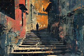 Wadi Home abstract stairway wall art with a solitary figure ascending dramatic stairs, featuring blues, oranges, and reds.
