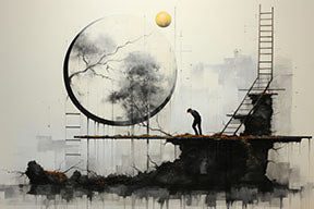 Wadi Home abstract landscape art with moon, tree, ladder, and solitary figure. Monochromatic with gold accents.