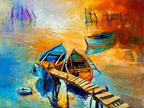 Wadi Home canvas print of boats docked at sunset, impressionistic style with vibrant orange and blue hues reflecting on water.