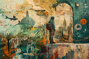 Wadi Home Urban Exploration mixed media wall art with a lone figure gazing at a cityscape, featuring abstract elements and vibrant colors.