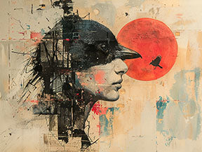 Wadi Home abstract portrait artwork with a profile and a red sun. Features bold lines and textured elements.