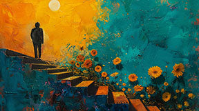 Wadi Home abstract canvas art with a figure on stairs surrounded by yellow flowers and a yellow moon.