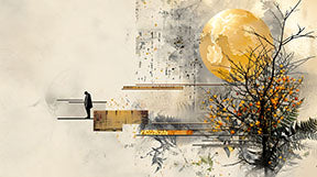 Wadi Home abstract canvas print featuring a yellow moon, bare tree, and solitary figure in a muted landscape.