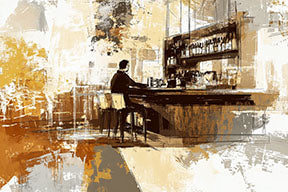 Wadi Home abstract bar scene wall art with ochre, brown, and gray tones. Textured brushstrokes depict a solitary figure at a bar.