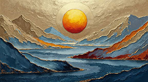 Wadi Home abstract mountain landscape wall art with vibrant sunset over blue water and golden hues.