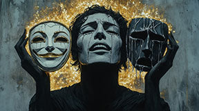Wadi Home canvas print of a person crying while holding a smiling mask and a crying mask, with golden accents.