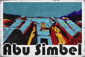Wadi Home Abu Simbel Monumental Artwork, a graphic art print featuring the ancient Egyptian temples in bold colors and a stylized design.