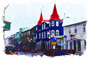 Wadi Home European streetscape watercolor art with blue buildings and red roofs, displayed above a white sectional sofa.