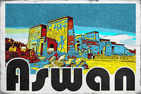 Wadi Home Aswan vintage postcard wall art featuring Egyptian architecture in vibrant yellow, blue, and red with bold black lettering.