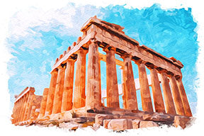 Wadi Home watercolor art of an ancient Greek temple with orange columns under a bright blue sky.