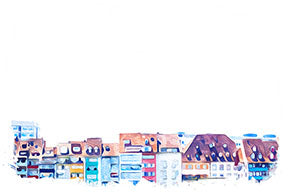 Wadi Home watercolor cityscape wall art featuring colorful European-style buildings in blue, pink, and orange hues.