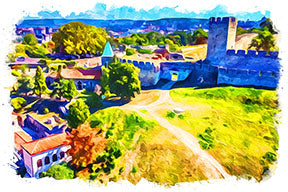 Wadi Home watercolor landscape wall art featuring a historic castle bathed in sunlight with vivid blues, greens, and yellows.