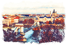 Wadi Home watercolor cityscape wall art featuring a European city with a bridge and historic architecture in vibrant colors.