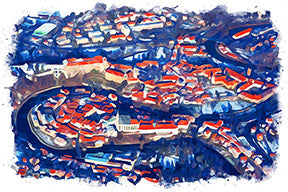 Wadi Home abstract cityscape wall art with vibrant blues and reds, depicting an urban landscape with painterly flair.