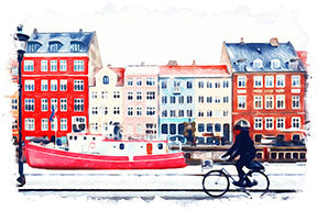 Wadi Home watercolor print of a European canal scene with a red boat, colorful buildings, and a person cycling.