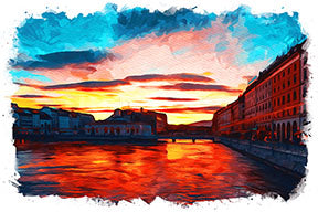 Wadi Home vibrant cityscape sunset canvas print with fiery orange water reflections and blue sky.